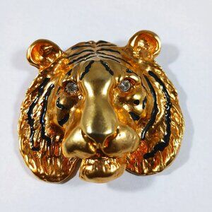 Doreen Ryan Matte Gold & Black Enamel Rhinestone Brooch Unsigned